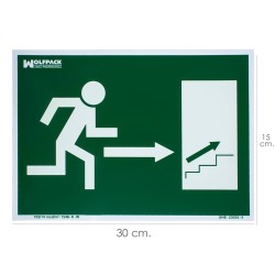 Cartel / Señal Fluorescente Salida Escalera Derecha Arriba 30 x 21 (Alt.) cm. WOLFPACK LINEA PROFESIONAL