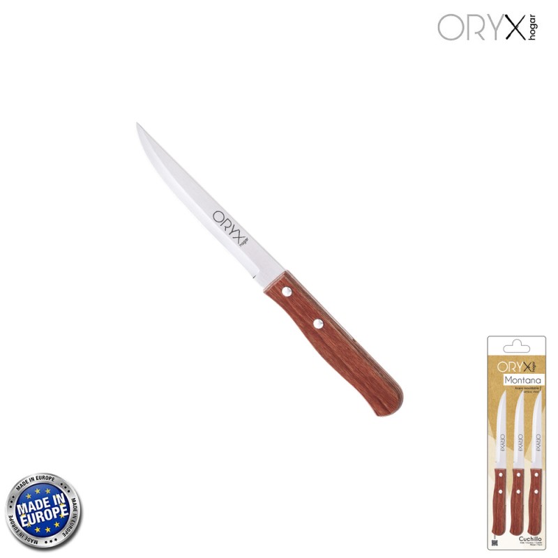 Cuchillo Montana Multiusos Hoja Lisa Acero Inoxidable 11 cm. Mango Madera (Blister 3 piezas) ORYX
