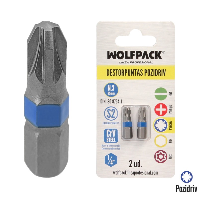 Puntas Destornillador Pozidriv Nº 3 (2 Piezas). Acero S2 al Cromo Vanadio. Puntas Hexagonales, Destorpuntas, WOLFPACK LINEA PRO